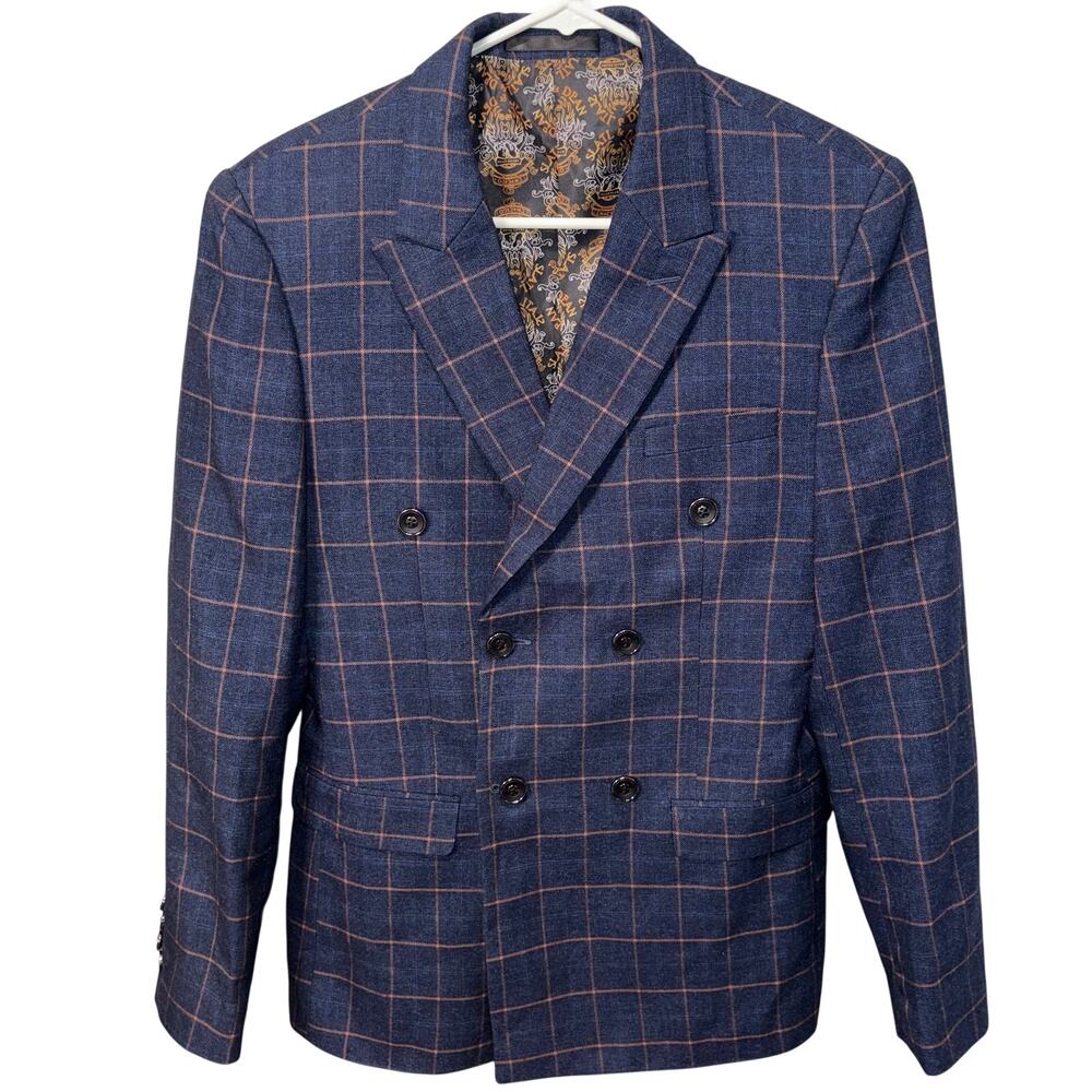 Slatl & Dean Luxury Men's Navy‎ Blue Windowpane Double Breasted Blazer Jacket
